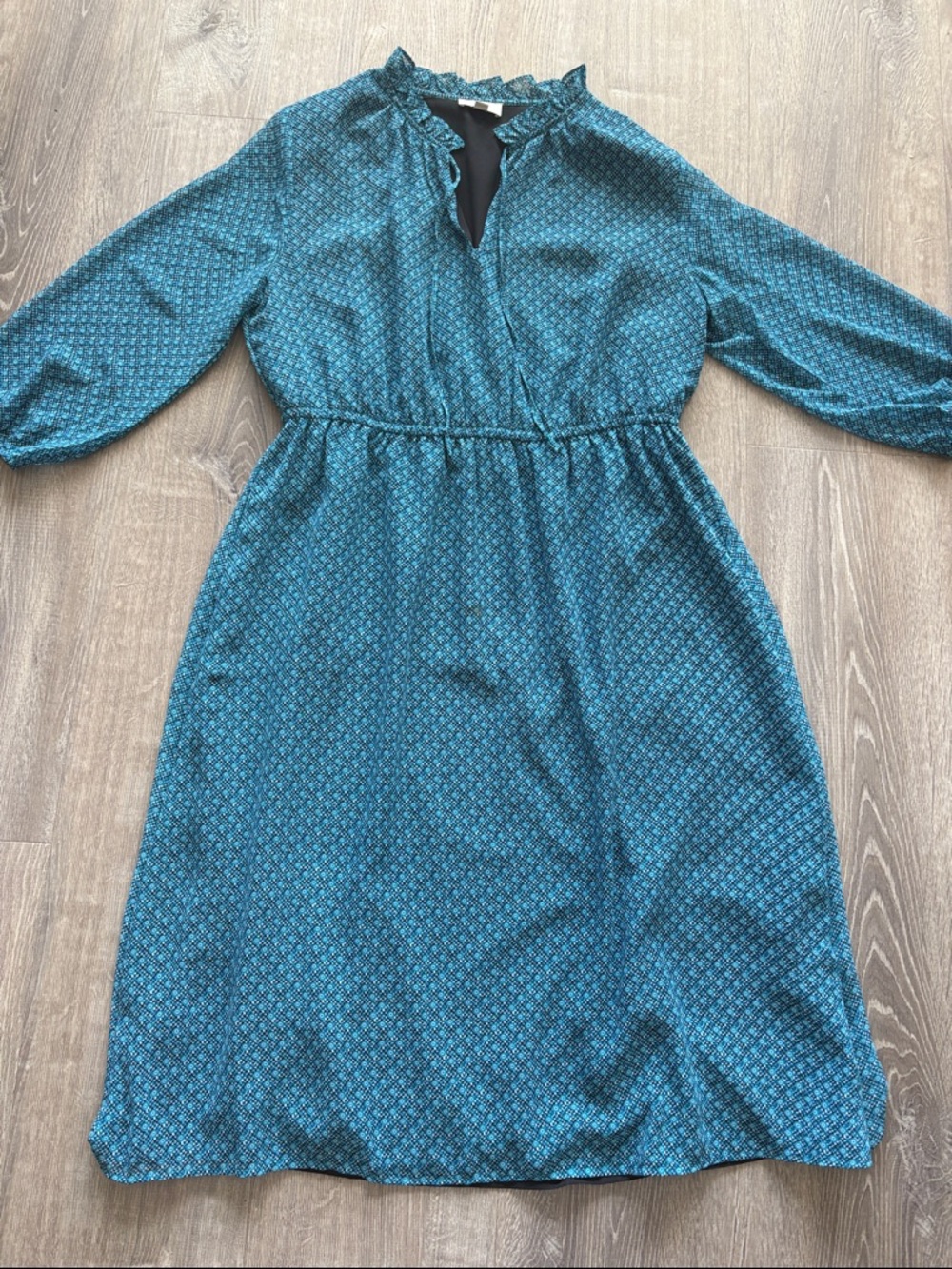 LOFT Teal Printed Long Sleeve Midi Dress
